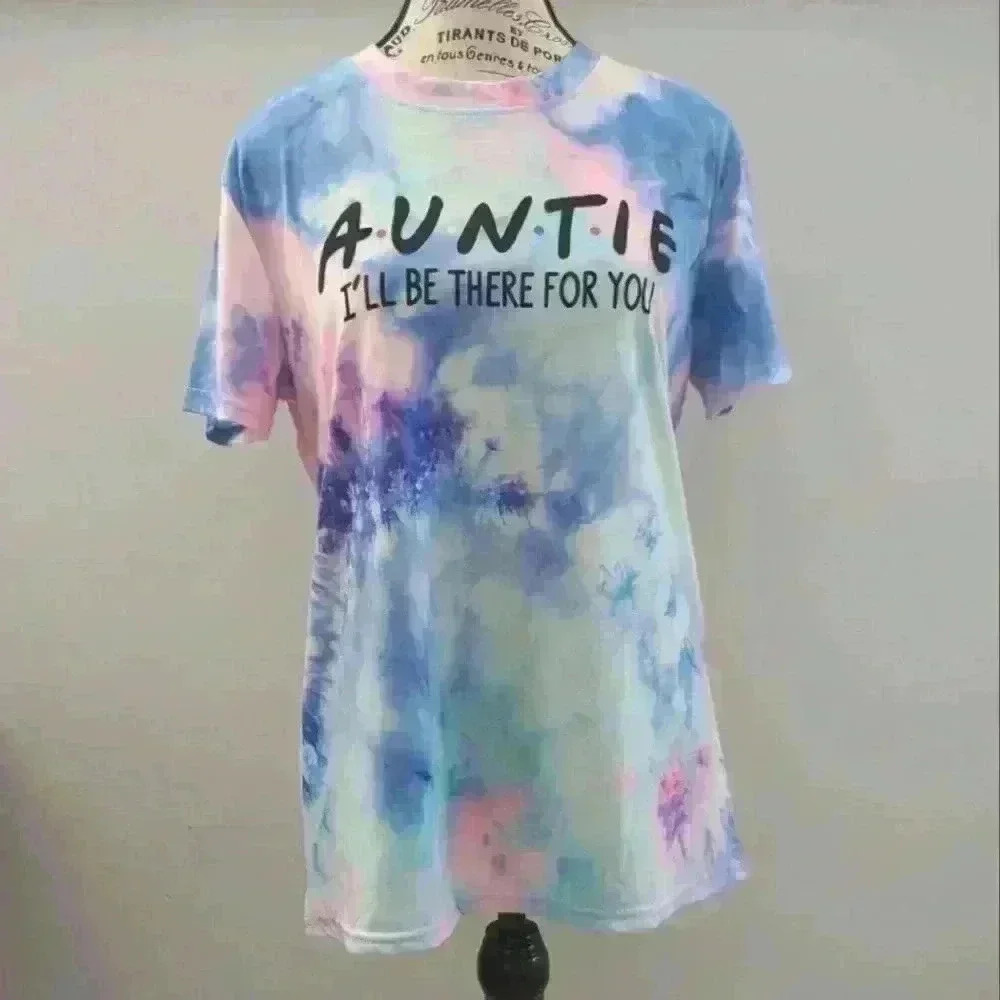AMAZON | Women's Pink/Blue Tie-Dye Auntie Short Sleeved Shirt
